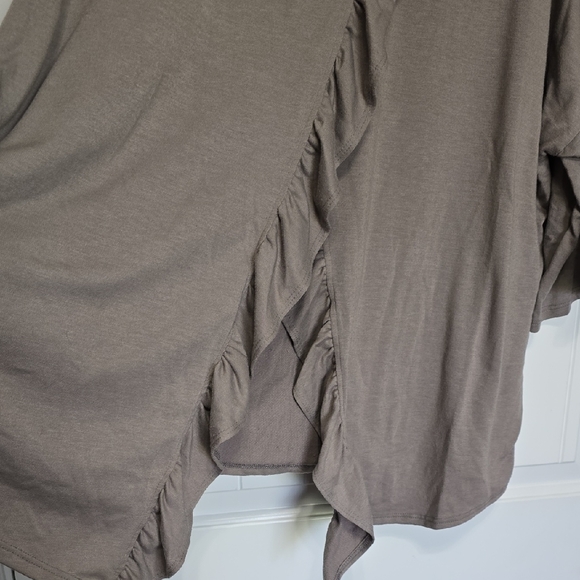 Three Bird Nest Taupe Ruffled Blouse - Picture 2 of 6